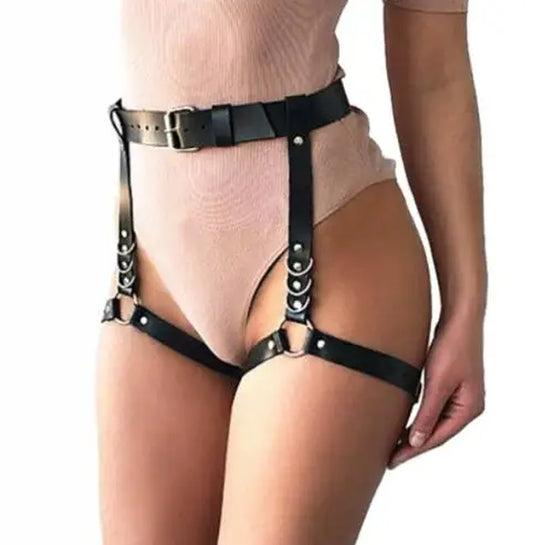 Fashion Sexy Metal Body Bondage Leather Harness for Women Underwear Set Garters Belt Bra Leg Suspenders Erotic Sex Accessories